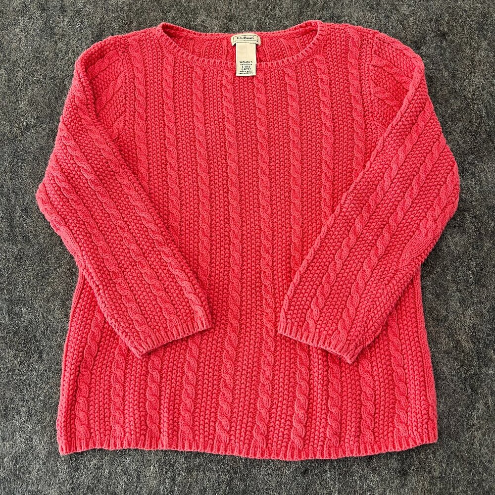 Vtg LL Bean Womens Small Cableknit Crewneck Pullover Sweater Regular Pink Cotton
